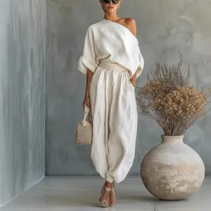 Women Minimalist Linen Cotton Matching Top And Pants One Shoulder Long Sleeve High Waist Wide Leg Outfits Vacation Clothing