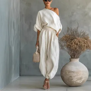 Elegant off-the-shoulder cotton linen top and lantern pants set in cream white finish
