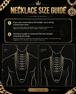 Necklace size guide for men and women showing lengths from 45cm to 90cm