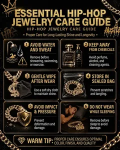 Hip-hop jewelry maintenance guide showing 6 steps to care for gold plated chains and pendants.
