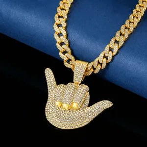 Shaka Gesture Pendant Necklace Alloy Rhinestone Iced Out Cuban Chain Hip Hop Jewelry For Men Women
