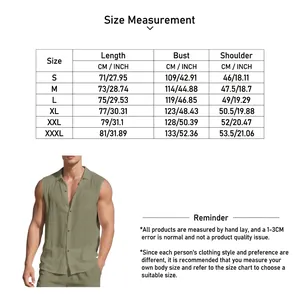 Comprehensive size chart for men's sleeveless linen beach shirt with detailed measurements