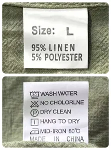 Close-up of clothing label showing 95% linen material and detailed wash care symbols