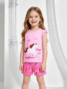 Completo Estivo da Bambina in Cotone T-Shirt Senza Maniche con Volant e Pantaloncini con Stampa Pony Fattoria