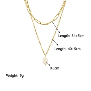 Double layered gold chain necklace with freshwater pearl pendant and detailed measurements