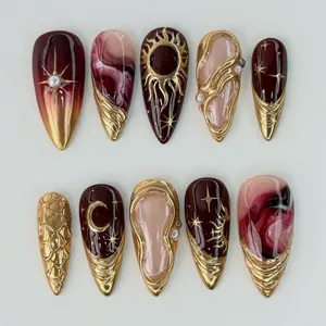 Almond Press On Nails Star Moon Celestial 3D Embossed French Leopard Marble Texture Elegant Fake Nails Artificial Pearl Decor