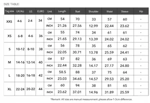 Detailed size chart for women's Y2K long sleeve button T-shirt in CM and INCH units
