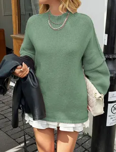 Casual sage green mock neck knit sweater for women featuring a textured rib design