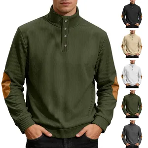 Men Ribbed Knit Sweater Stand Collar Partial Button Placket Faux Leather Elbow Patches Casual Retro Pullover