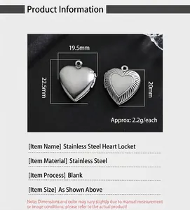 Detail view of heart stainless steel locket with dimensions and weight information