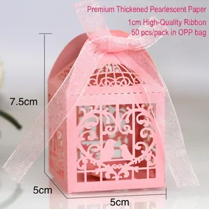 Elegant pink laser-cut birdcage favor box with ribbon, 5x5x7.5cm pearlescent candy gift box