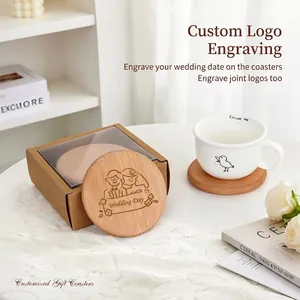 Customizable round solid wood coaster with engraved wedding pattern and gift box packaging
