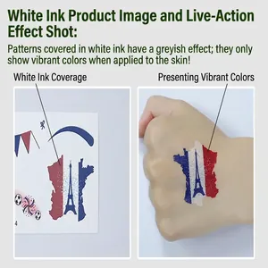 Detailed comparison showing French flag tattoo sticker on paper vs applied to skin