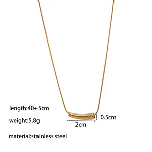 Minimalist gold curved tube necklace with stainless steel snake chain and pendant
