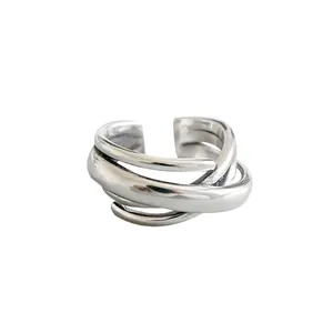 Vintage silver irregular multi-layer wide band open ring with a hammered texture