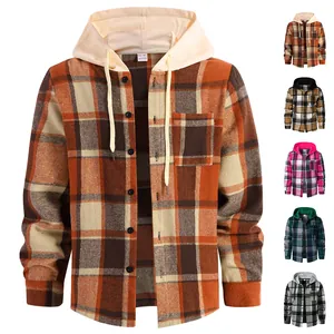 Men's casual loose hooded plaid shirt jacket in various color options