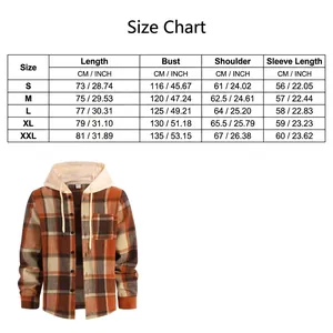 Detailed size chart and measurement guide for men's hooded plaid flannel casual shirt.