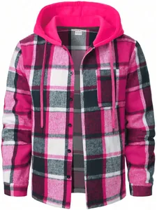 Men's casual pink and black plaid hooded flannel shirt jacket with button-down front