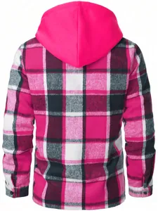 Detailed back view of a mens pink and black plaid hooded shirt jacket for autumn
