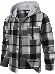 Close-up detail of a men's grey and black plaid hooded shirt with fabric texture.