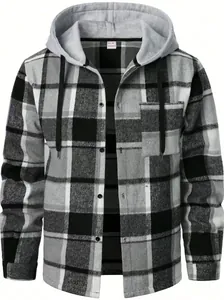 Men's casual long sleeve hooded plaid shirt in black and grey for spring and autumn wear