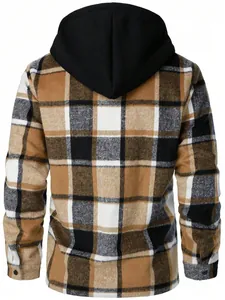 Detailed back view of men's casual brown and black plaid hooded flannel shirt jacket