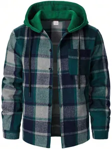 Front detail view of men's green plaid hooded jacket with buttons and pocket