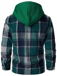 Detailed back view of premium men's green plaid hooded flannel shirt jacket for autumn
