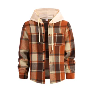 Men's casual hooded plaid shirt in orange and brown pattern with cream hood drawstring