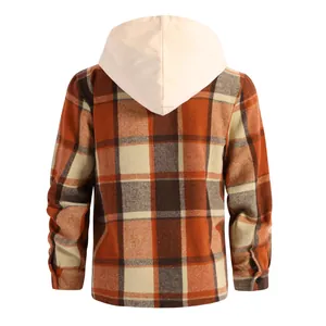 Back view of a trendy men's orange plaid hooded shirt with a cream hood for casual style.