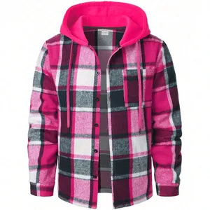 Men's casual pink and black plaid hooded shirt jacket with drawstring hood and buttons