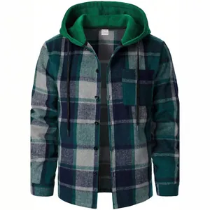 Casual men's green and grey hooded plaid shirt jacket for spring and autumn wear