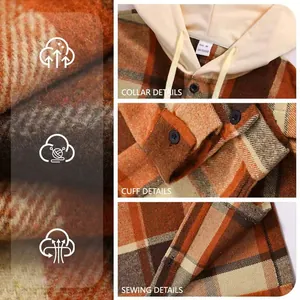 Close-up details of a men's casual hooded plaid shirt featuring orange and brown check