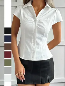 Chemise Femme Manches Courtes Col En V Froncé Boutonné Coupe Ajustée Couleur Unie Décontracté Rétro Haut Y2K
