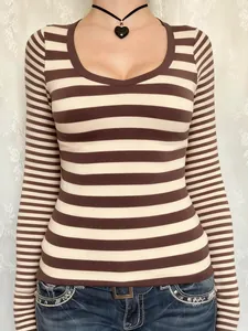 Close-up of women's striped long sleeve T-shirt with a flattering scoop neckline.