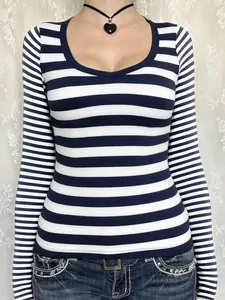 Classic slim fit navy blue and white horizontal striped long sleeve scoop neck T-shirt