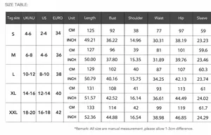 Detailed size chart for the elegant solid color maxi dress in CM and INCH.