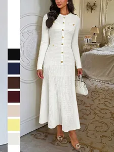 Maxi Dress Long Sleeve Knit Fabric Gold Button Decorative Elegant Slim Fit Round Neck Autumn Winter