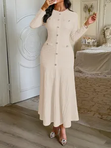 Elegant cream tweed long sleeve button down midi dress for women's autumn style