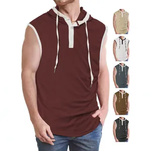Men Hooded Tank Top Waffle Mesh Breathable Sleeveless Hoodie Henley Button Placket Fitness Casual Gym Shirt