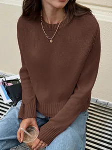 Pull en maille marron à manches longues décontracté pour femme, style urbain élégant