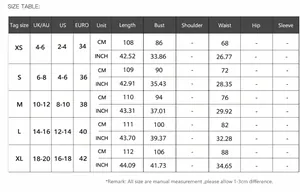 Detailed size guide for elegant high-end slip dress including UK US and EU measurements