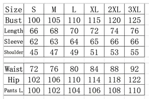 Size chart for loose casual hoodie and sweatpants set showing S to 3XL measurements.