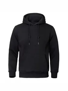 Front view of a plain black loose casual hooded pullover hoodie with a drawstring