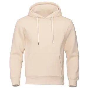 Detailed front view of a cream minimalist fleece hooded sweatshirt with a front kangaroo pocket
