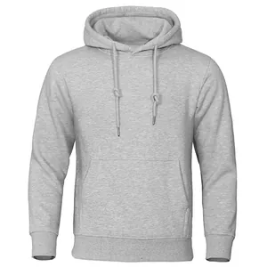 Front view of a minimalist grey fleece hooded sweatshirt with kangaroo pocket design