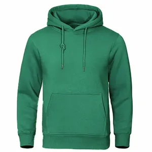 Close-up front view of a solid green fleece hooded sweatshirt with kangaroo pocket