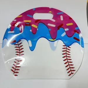 Detailed macro view of a baseball-themed stand-up candy gift bag with donut drip