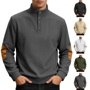 Ribbed Knit Pullover Sweatshirt For Men Stand Collar Button Detail Contrast Elbow Patches Casual Urban Fashion Tops