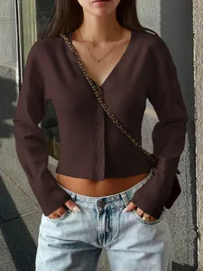 Chic dark brown V-neck button-down knit cardigan for women's trendy autumn fashion style